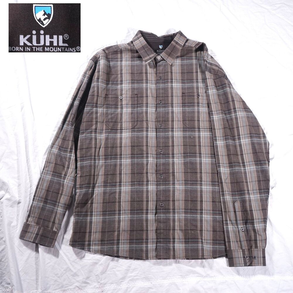 Kuhl Flannel Shirt Brown Green Plaid Metal Button Mens XXL
